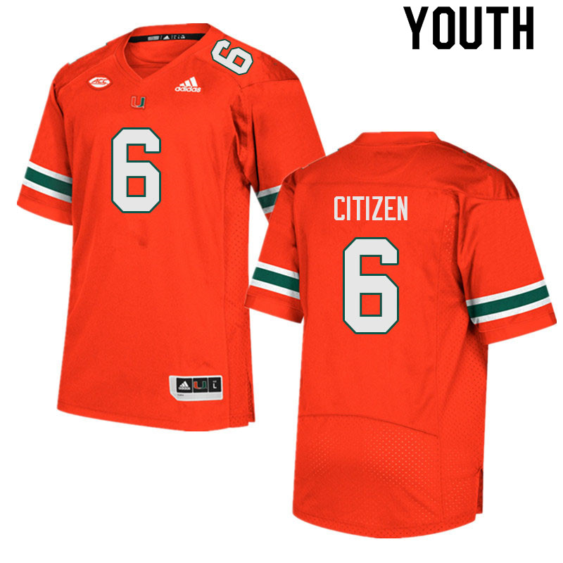 Youth #6 TreVonte Citizen Miami Hurricanes College Football Jerseys Sale-Orange - Click Image to Close